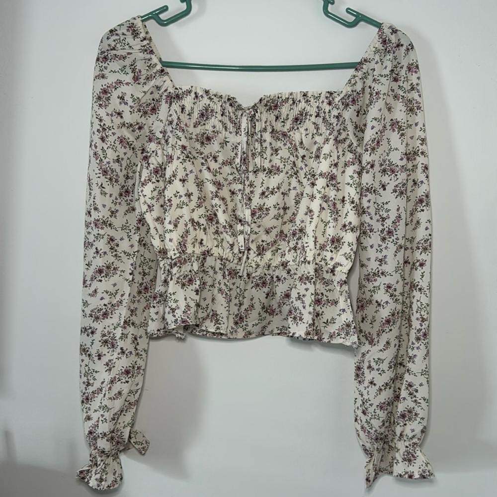 Paper Crane Women’s Smocked Long Sleeve Floral Boho Crop Top Size Small‎